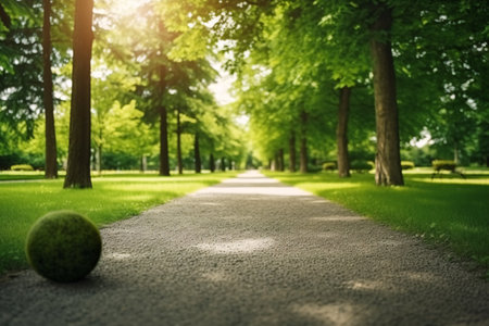 Beautiful green park alley with tree and ball in sunny summer dayの素材