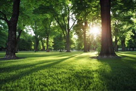 Green park with trees and grass in the morning sunlight. natural backgroundの素材