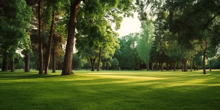 Green grass and trees in the park. nature background. Panoramaの素材