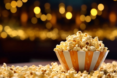 Bowl with tasty popcorn on blurred background, closeup. cinema snackの素材