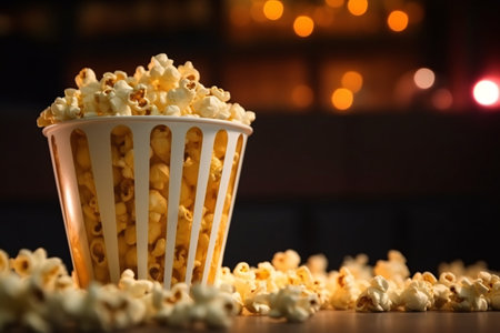 Bucket with tasty popcorn on table against blurred lights, closeupの素材