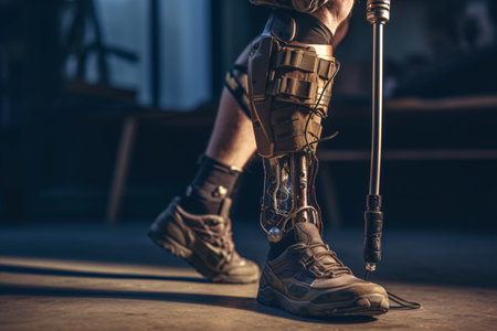 Legs of a man with prosthetic leg and crutchesの素材