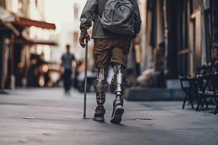 Legs of disabled man with prosthetic leg walking in the city.の素材