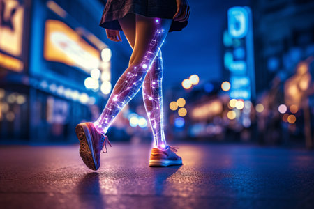 Close up of legs of a young woman in sportswear running on the street at nightの素材