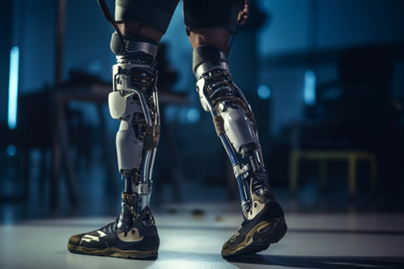 cropped shot of woman with prosthetic leg standing in dark roomの素材