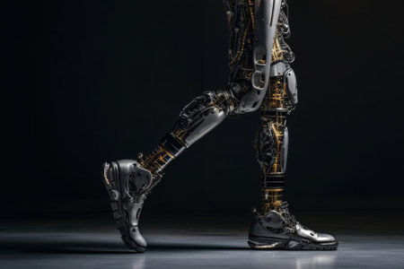 cropped view of robotic leg on black background, cyborg conceptの素材