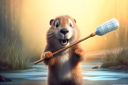Cute beaver with a broom in the forest. 3d renderingの素材