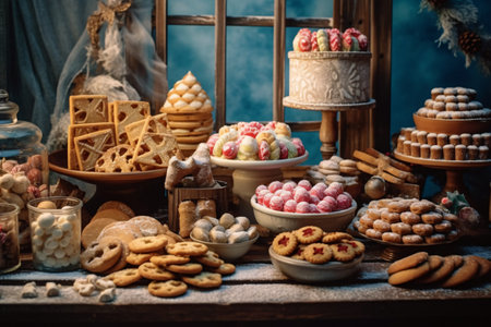 Variety of colorful candies and cookies on rustic wooden tableの素材