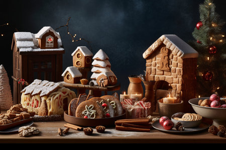 Gingerbread houses and christmas tree on wooden background. christmas holiday conceptの素材