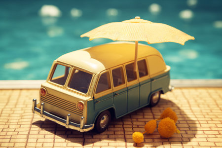 Retro car and umbrella on swimming pool background. Travel concept.の素材