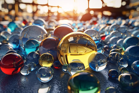 Colorful glass balls on the ground, close-up view.の素材