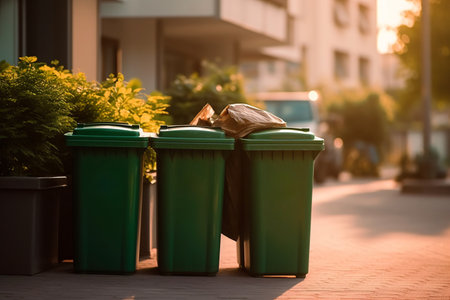 Trash can with garbage in city. Recycling concept.の素材