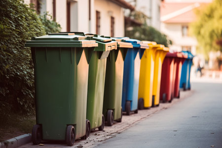 A row of green and yellow garbage bins in a row on the streetの素材