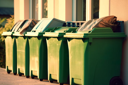 A row of green garbage bins in a row on the street.の素材
