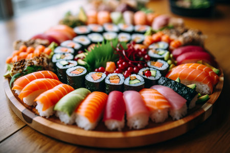 Sushi set on a wooden plate. Japanese food. Sushi roll setの素材