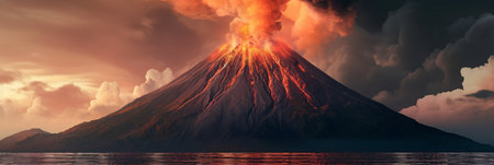 Volcano at sunset. 3D illustration of volcano at sunset.の素材