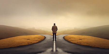 Rear view of a man standing on a road on a foggy dayの素材