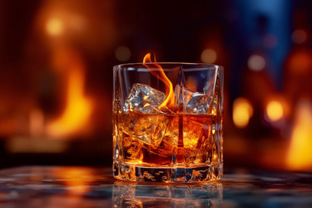 Glass of whiskey with ice cubes on the background of a burning fireplaceの素材