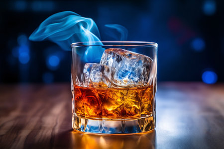 Whiskey with ice on a wooden table on a dark backgroundの素材