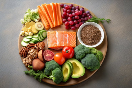 Healthy food clean eating selection: salmon, vegetables, fruit, superfoods on wooden plateの素材