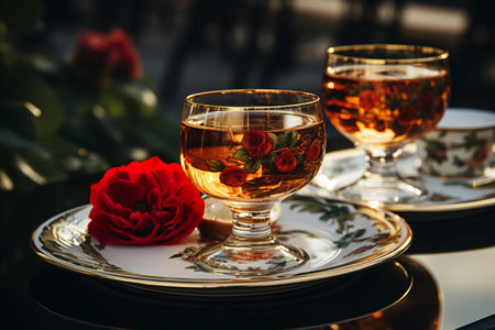 Two glasses of cognac and a red rose on a table in a restaurantの素材