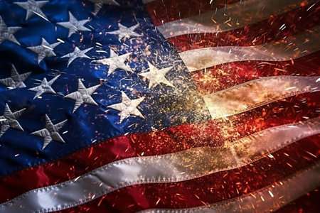 American flag background with sparks flying in the wind. 3d illustrationの素材