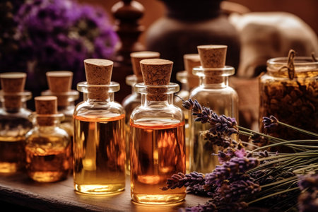 Lavender essential oil in a small bottle. selective focus.の素材