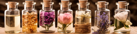 Selection of essential oils with various herbs and flowers on the background. Assortment of natural oils in glass bottles on wooden background. Concept of pure organic ingredients in cosmetology. Atmosphere of harmony, relax, spa.の素材