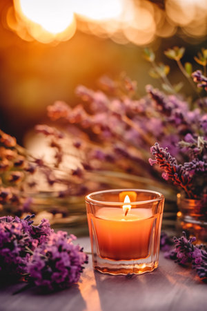 Burning candle with lavender flowers in a glass vase on a wooden tableの素材