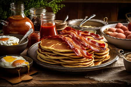 Pancakes with bacon and eggs on rustic wooden background.の素材