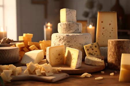 Different types of cheese on wooden table in kitchen. Space for textの素材