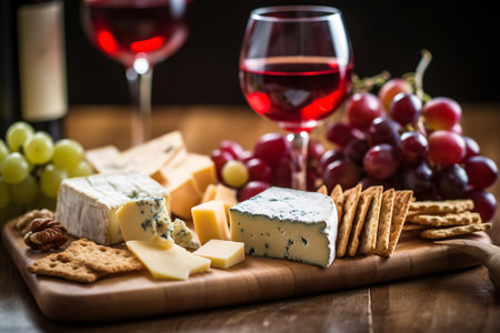 Wine, cheese, crackers and grapes on a wooden boardの素材