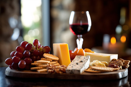 Cheese platter with red wine, grapes, crackers and nutsの素材