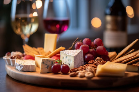 Cheese platter with wine, grapes, crackers and nutsの素材