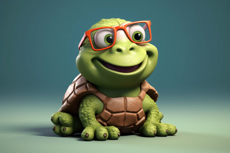 Funny cartoon turtle with glasses on a blue background. 3d renderingの素材