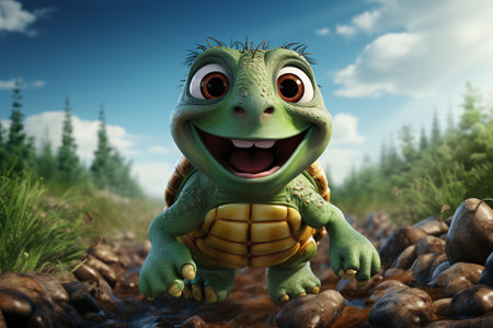 3d rendering of a cute little tortoise in the jungle.の素材