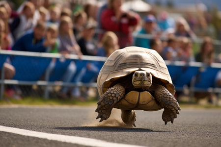 tortoise running on the road during the race in the summerの素材