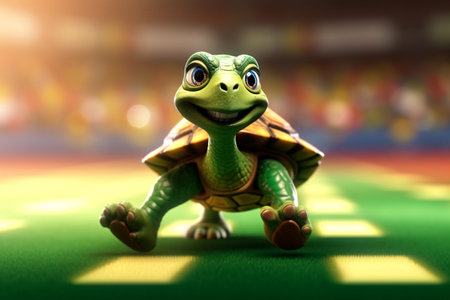Little funny turtle on the football field. 3d render illustration.の素材