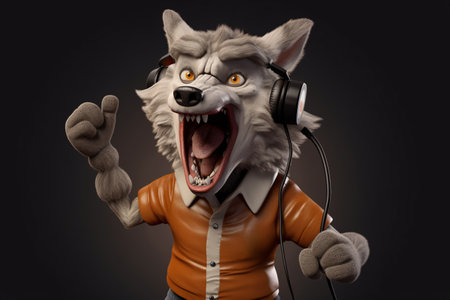 Funny cartoon wolf with headphones on dark background. 3d illustrationの素材
