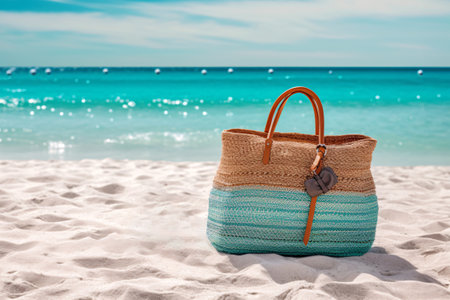 Straw bag and hat on the beach with blue sea and sky backgroundの素材