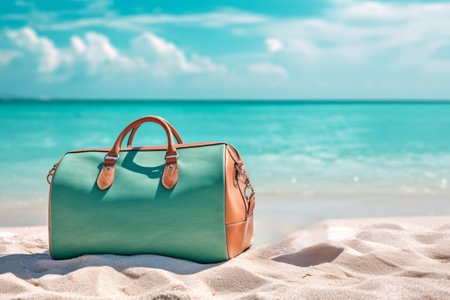 Luxury leather bag on the beach. Summer vacation concept.の素材