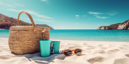 Beach bag, sunglasses and books on the sand near the seaの素材