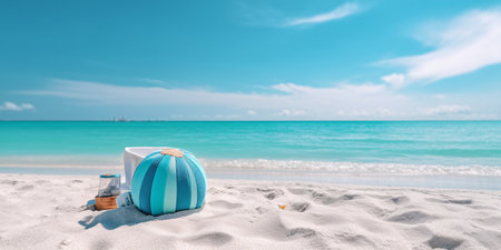 Beach ball on white sand with turquoise sea and blue sky backgroundの素材
