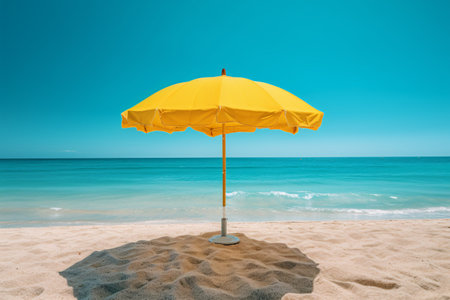 Yellow umbrella on sandy beach with turquoise sea and blue skyの素材