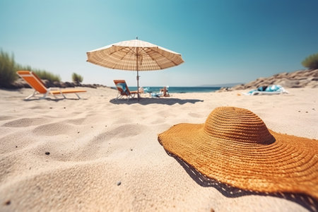 Straw hat and sun loungers on the beach. vacation conceptの素材