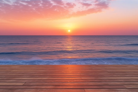 Wooden deck on the background of the sea and the sunset.の素材