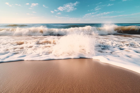 Beautiful seascape with waves on sandy beach and blue skyの素材
