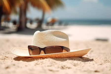 Hat and sunglasses on the beach. selective focus. nature.の素材