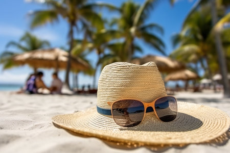 Straw hat and sunglasses on a tropical beach. selective focus.の素材
