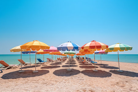 beach umbrellas and sun loungers on sandy beachの素材